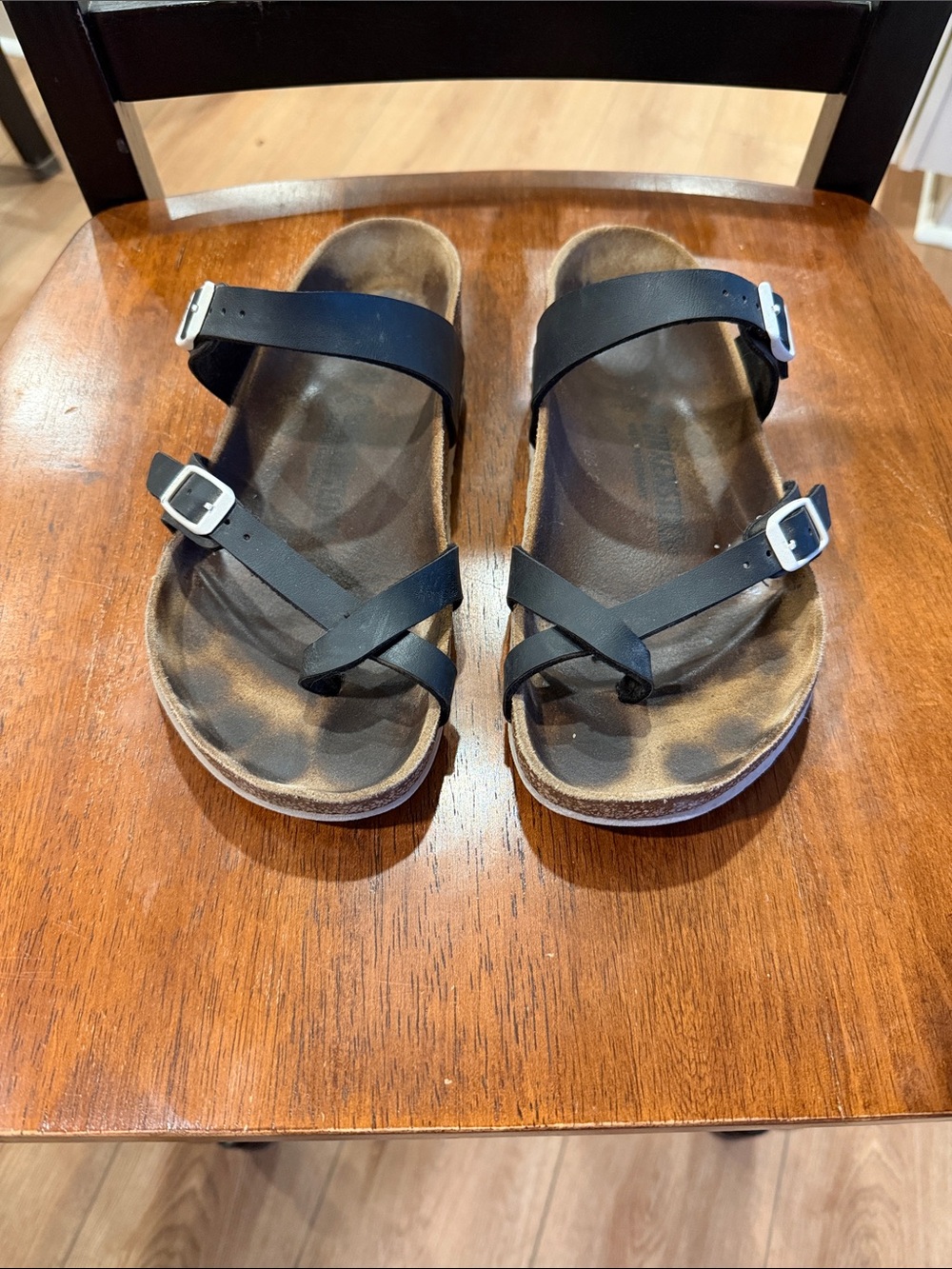 Birkenstock Black Double-Strap Toe Loop Sandals with Silver Buckles